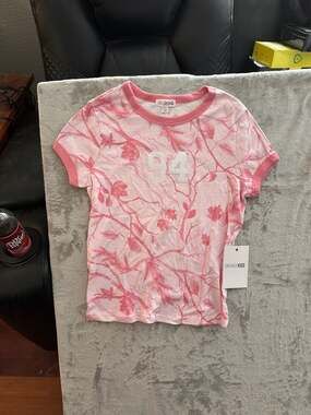 ORANGEKISS Pink Floral Camo Ringer T-Shirt with 94 Applique